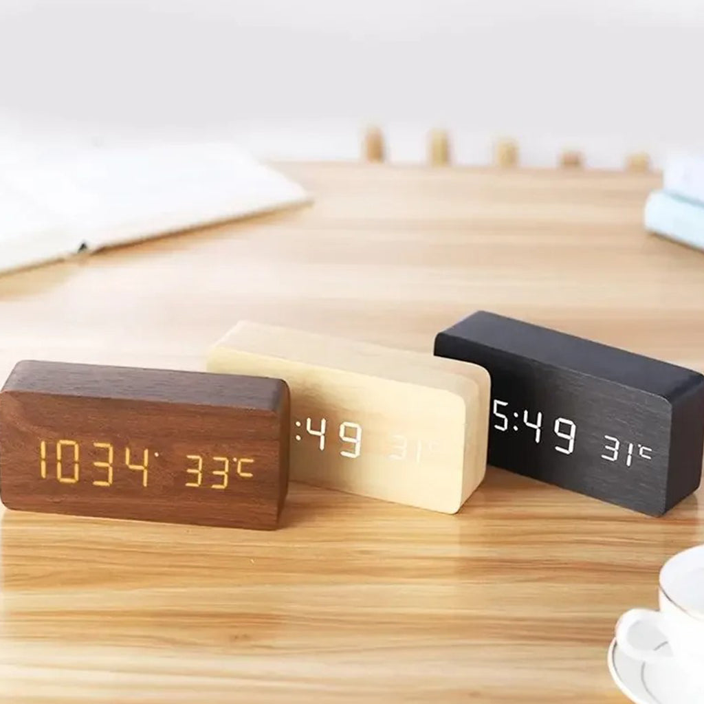Réveil numérique LED en bois - Indication de température
